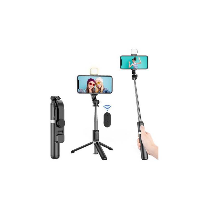 Palo selfie en aluminio con trípode control bt gopro celular + luz