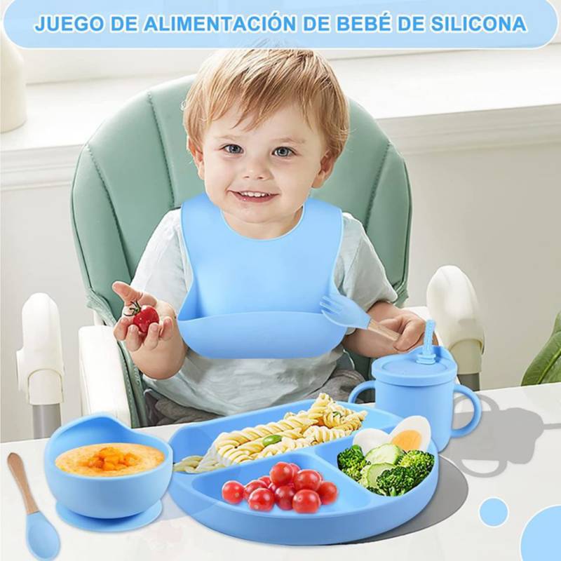 Set Vajilla Silicona Para Bebés Platos Babero Cubiertos Rosa