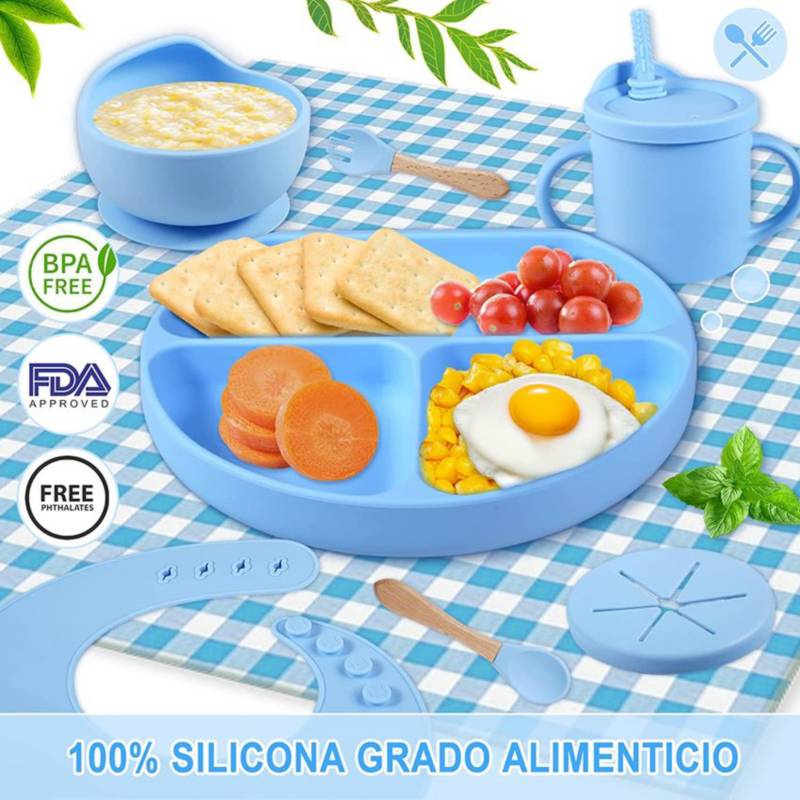 Kit Alimentación Bebe Vajilla En Silicona libre BPA AZUL GENERICO