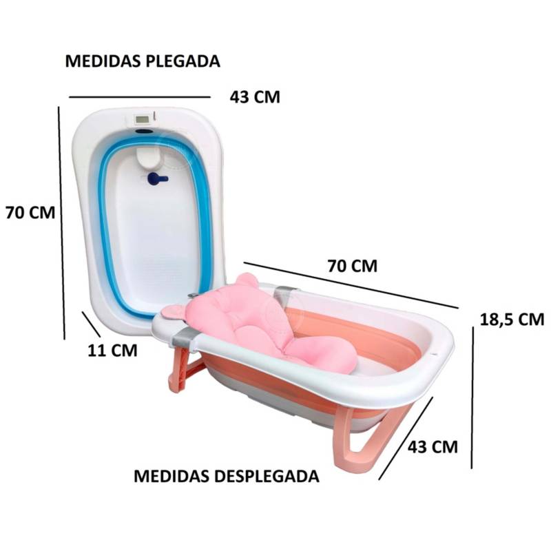 Bañera tina para bebe plegable con termometro mas cojín azul