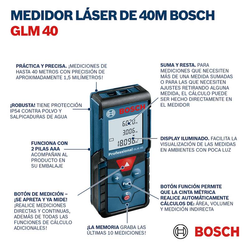Medidor Laser Bosch De Distancia Metro Digital Glm 40 Mts