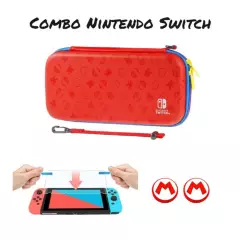 NINTENDO SWITCH - Estuche De Diseño Rojo Azul Mario + 2 Grips + Vidrio Nintendo Switch