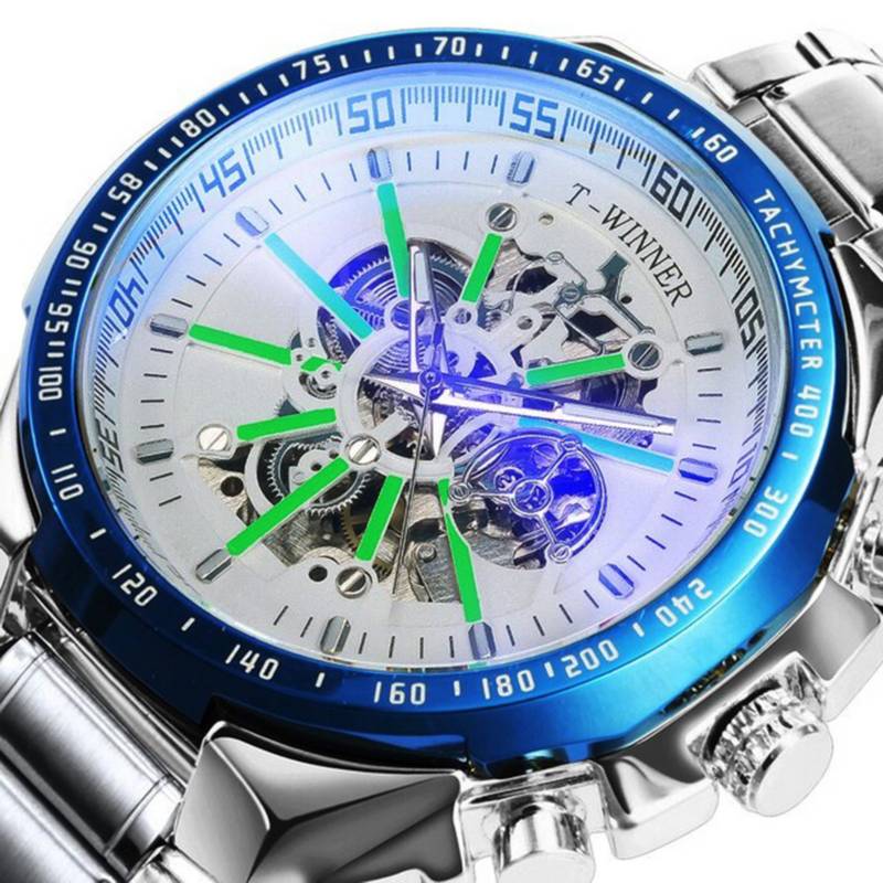 Reloj Hombre Automático Winner Esqueleto Color Plateado Bisel Azul WINNER