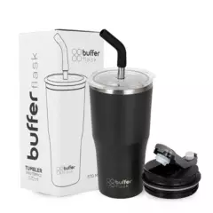 BUFFER FLASK - Mug Vaso Termo AguaCafe 570 Acero Inox+Tapas - Negro