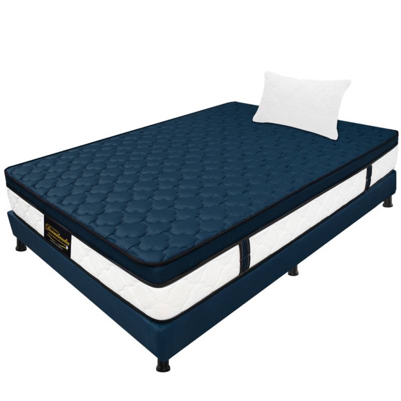 DORMILANDIA - Combo colchón azul sencillo 100x190 resortado dublín base cama entera  almohada