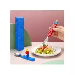 GENERICO - Set cubiertos niños tipo lego cuchara tenedor y estuche