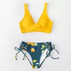 GENERICO - Vestido de baño Bikini Amarillo Panty Alto Top Cruzado