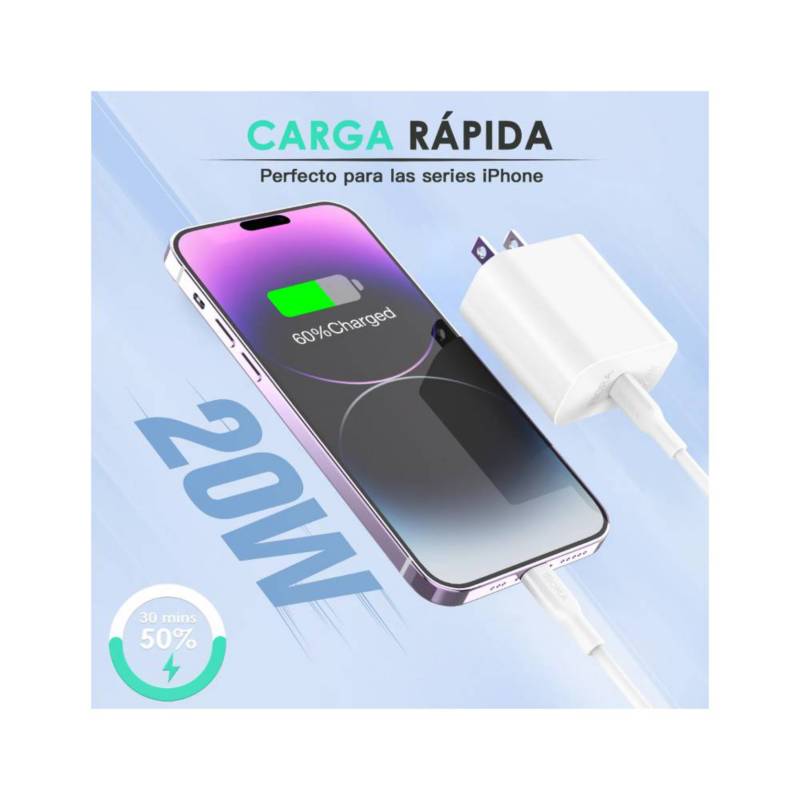 Cargador 20w Carga Rapida Tipo C Para iPhone 15 + Cable 1.5m