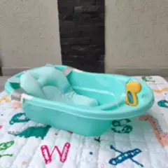 INDUHOGAR - Bañera tina para bebe azul + cojin ergonomico + termometro