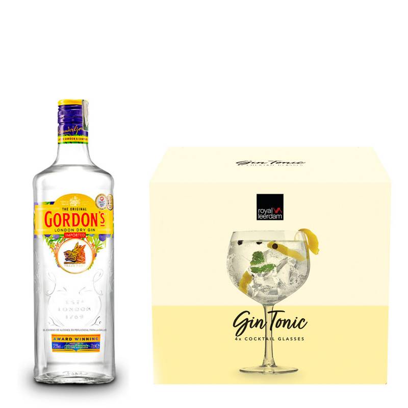 Gordon's - Botella de Gordons Dry + Set x4 Copas GinTonic 