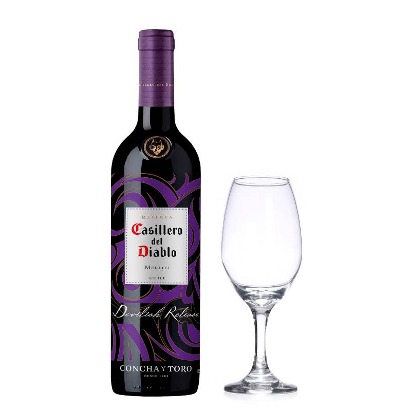 Casillero Del Diablo - Botella de Vino Casillero del Diablo Merlot + Set x6 Copas Agua Roja