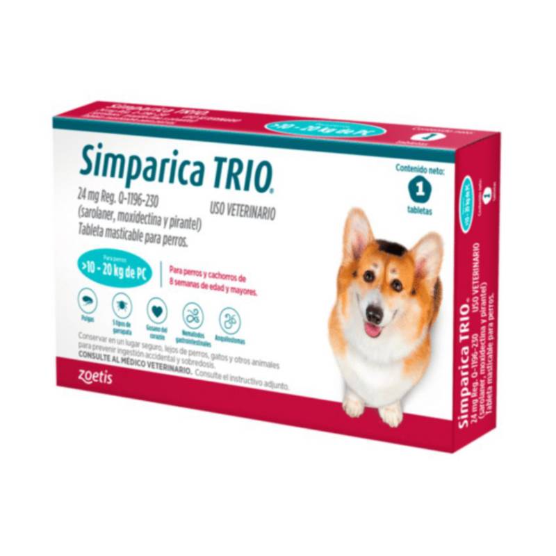 Simparica trio antipulgas para perros 24 mg x 1 tab 1020 kg SIMPARICA