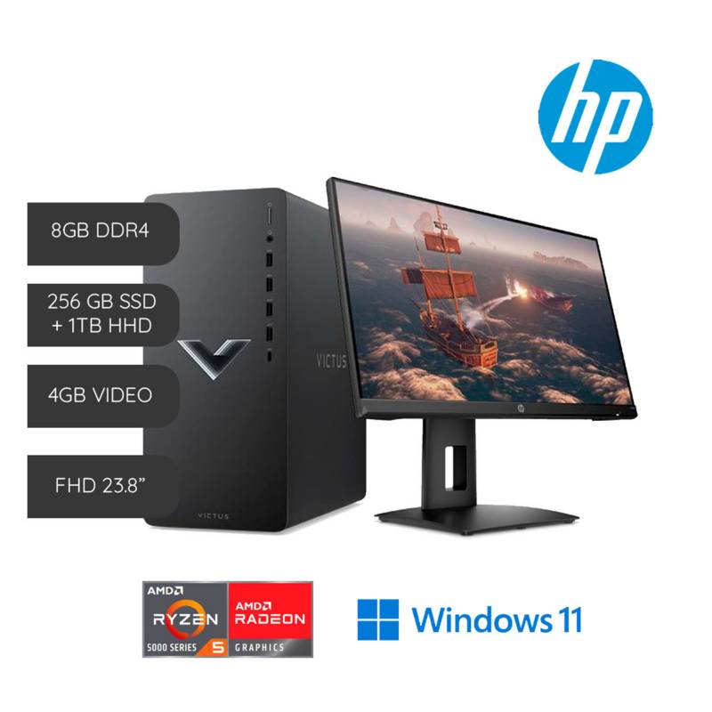 HP - PC HP 15L Gaming Desktop Ryzen5 5600G 8GB 1TB 256 SSD Video 4GB Win11+ Monitor