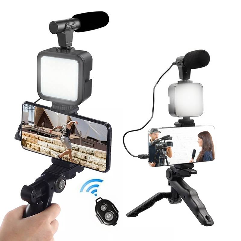 Kit de luz y micrófono para teléfono inteligente, trípode portátil para  teléfono móvil con micrófono y luz, set para transmisión en vivo