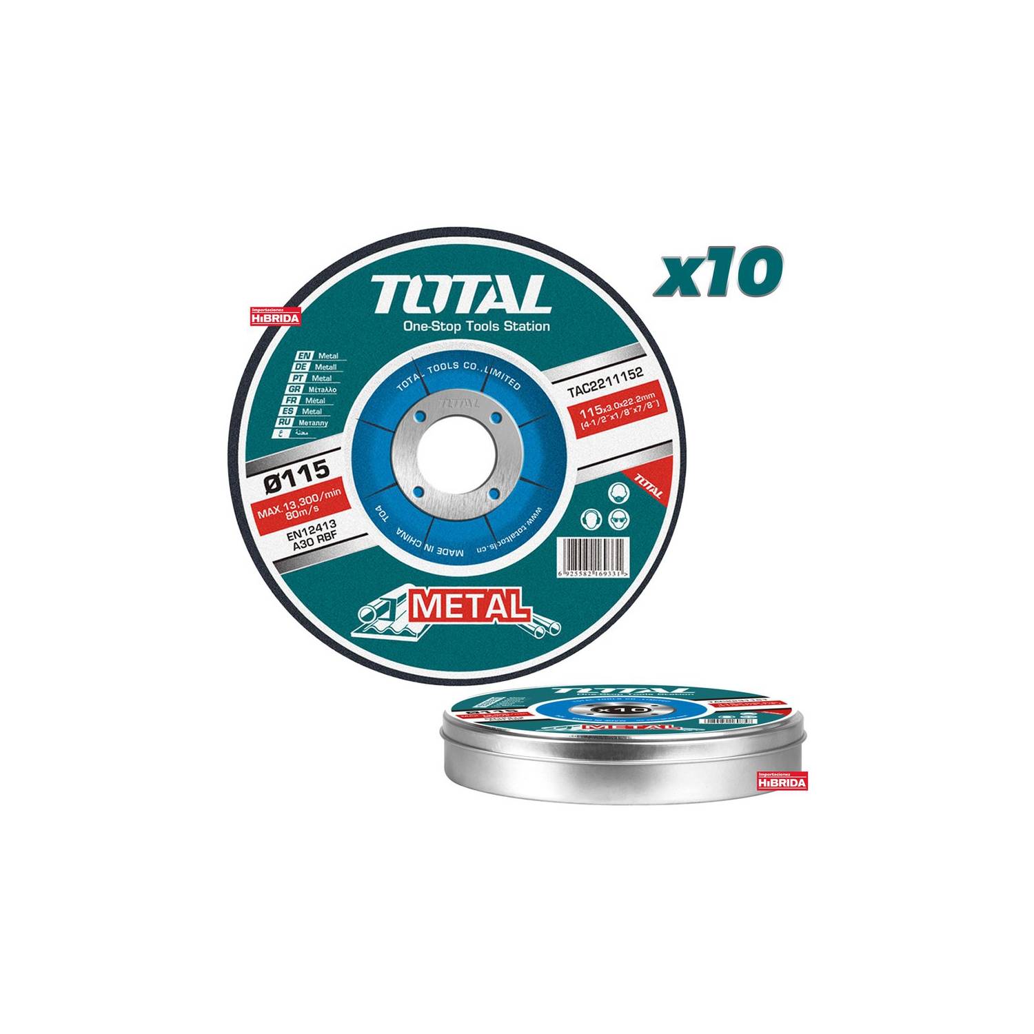 TOTAL TOOLS Pack de 10 Discos de Corte Metal 115mm Total