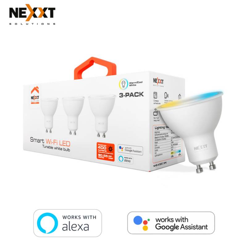 NEXXT SOLUTIONS - Dicroico LED inteligente Wi-Fi Blanco regulable Pack de 03  - Nexxt