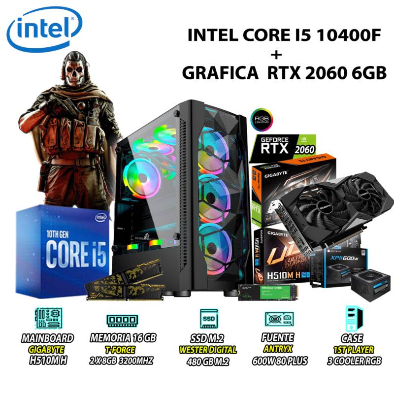 INTEL - Computadora Gamer Core i5 10400F RAM 16GB SSD 480GB GRAFICA GIGABYTE RTX 2060 6GB BLACK