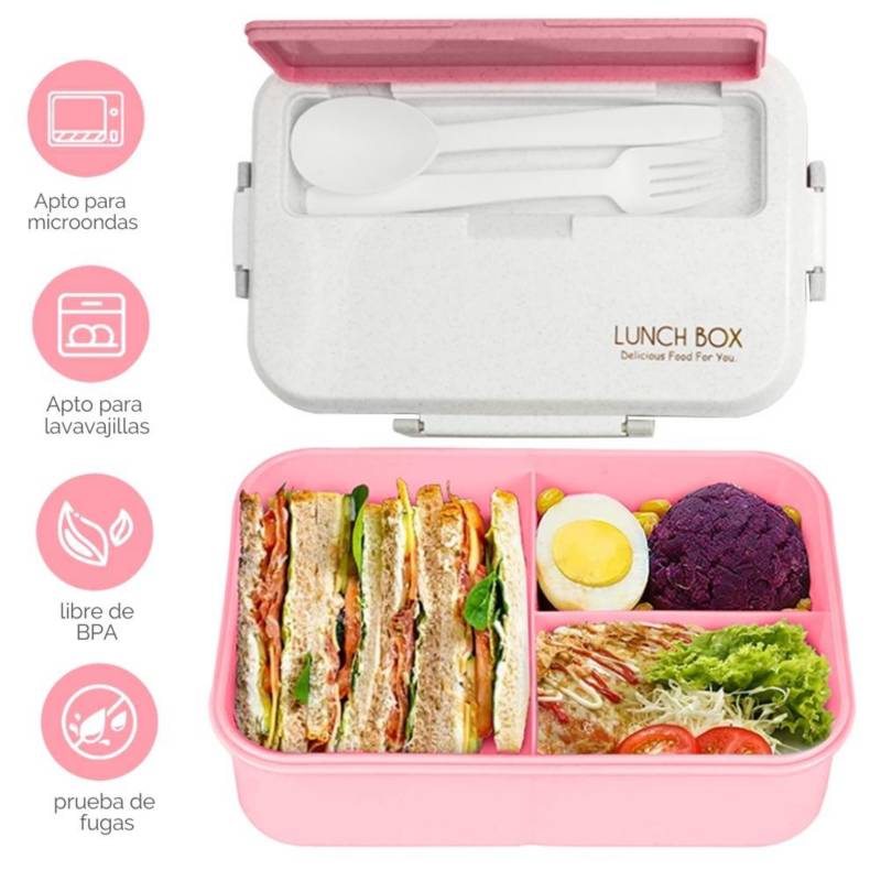 Ripley - LONCHERA TÁPER DE COMIDA Y ALIMENTOS 5 DIVISIONES CON ASA +  CUBIERTOS ROSADO