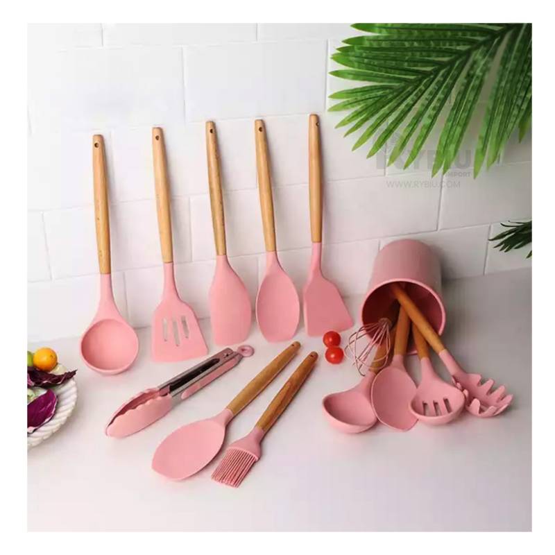 Set cucharones utensilios cocina de silicona 12 piezas rosado MAH HOGAR