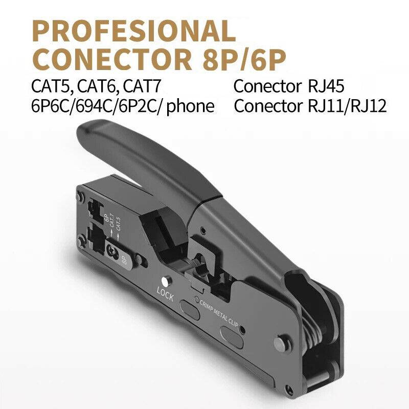 Herramienta de crimpado rj45 para Cat6 Cat5e Cat5, crimpadora resistente  para conectores de paso RJ45 RJ12/11 con 50 conectores de paso RJ45 Cat5e,  50