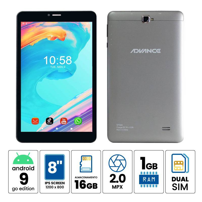ADVANCE - Tablet Advance Intro SP7246, 8" IPS 1200x800, Android 9 Go, 3G, Dual SIM, 16GB, RAM 1GB.
