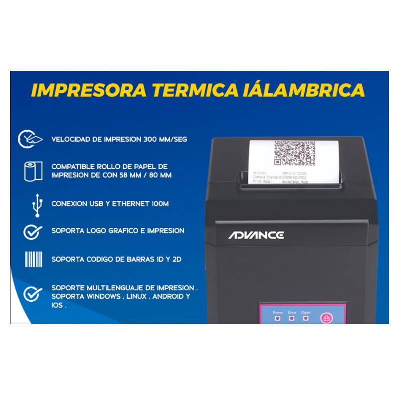 Impresora Térmica Advance ADV-8010 80mm USB LAN Velocidad Impresión 300mm x  Segundo