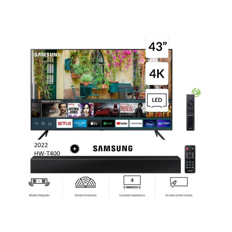 SAMSUNG - TELEVISOR SAMSUNG 43" PULGADAS CRYSTAL UHD 4K SMART TV UN43AU7000GXPE +Soundbar Samsung HW-T400/PE
