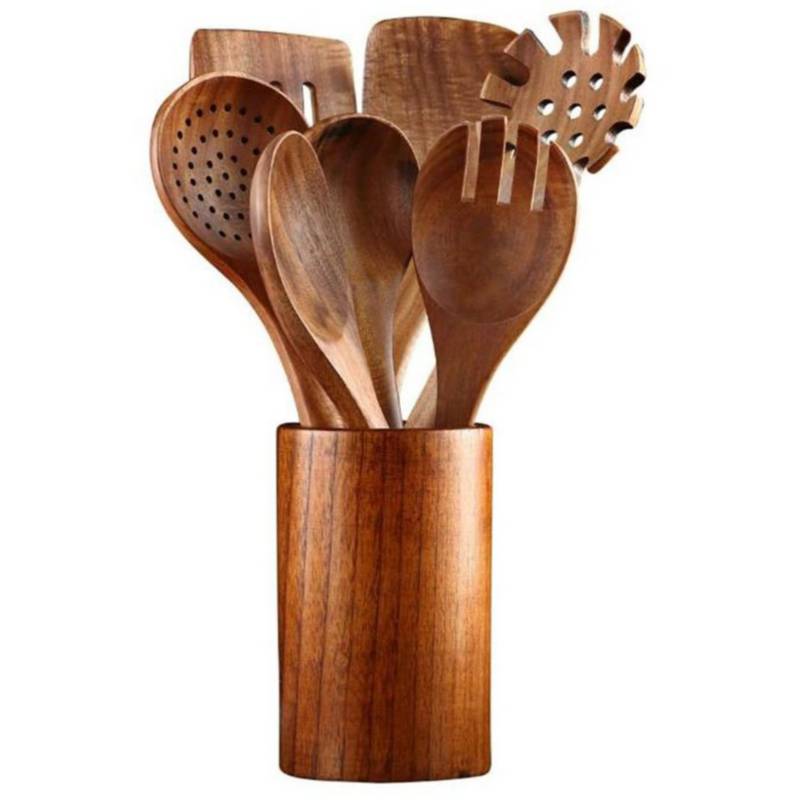 Juego de utensilios de cocina de madera de 8 piezas para cocinar con  soporte