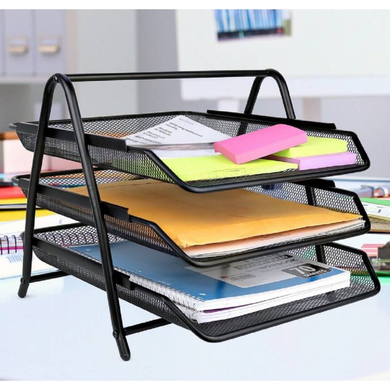  Organizador de escritorio de oficina de malla metálica con 3  bandejas de papel y 2 secciones verticales verticales, soporte para  archivos de escritorio para tamaño carta A4, carpetas, estacionarios y 