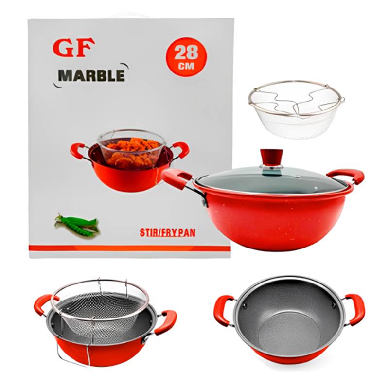 Sartén Wok Antiadherente Rojo Con Tapa 28 Cm