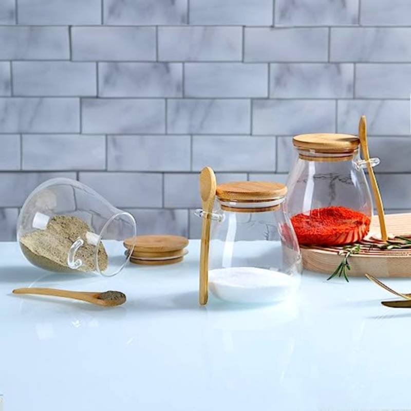  Tarros de vidrio con tapas de bambú y cuchara