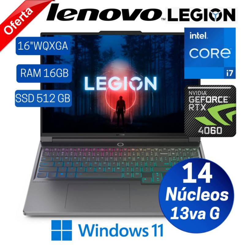 LENOVO - Laptop Lenovo Legion Slim 5 16IRH8, 16" WQXGA,Core i7-13700H,Ram16GB,Ssd 512,RTX 4060 8GB,Win 11
