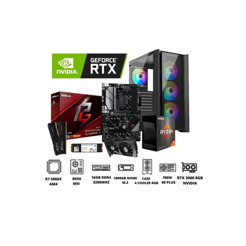 AMD - PC GAMER RYZEN 7 5800X, RTX 3060, 1TB NVME, 16GB RAM DUAL. 700W 80 PLUS