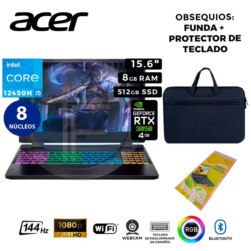 Portátil Gamer Acer Nitro 5 R5 8gb 512gb Ssd Rtx 3050 W11 Color Negro