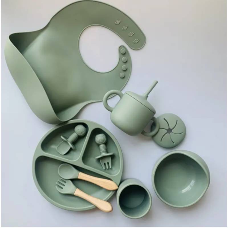 Platos para bebes silicona bebe babero vaso cubiertos verde OEM