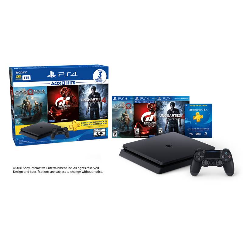 SONY - Hits 3 Consola PS4 1TB Negro + Gow + GtSport + Uncharted 4