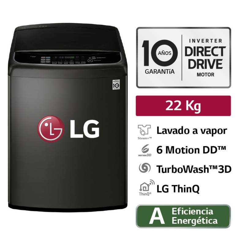 LG - Lavadora  22 Kg LG Carga Superior TurboWash 3D con Steam Lavado a Vapor WT22BSS6H Negro Acero