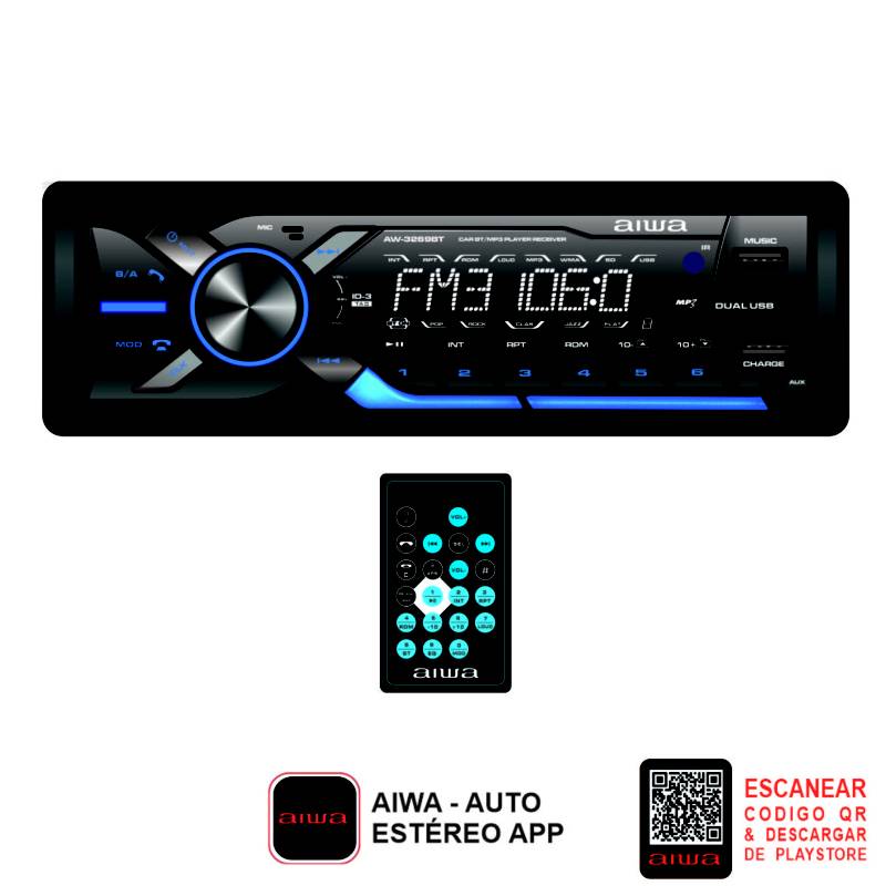 AIWA - Autoradio 1 Din Desmontable Bluetooth USB  7 color