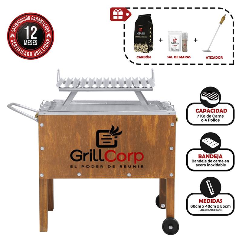 GRILLCORP - Caja China Mediana Junior Premium + Parrilla Varilla Fija + Carbón + Pack Sal + Atizador