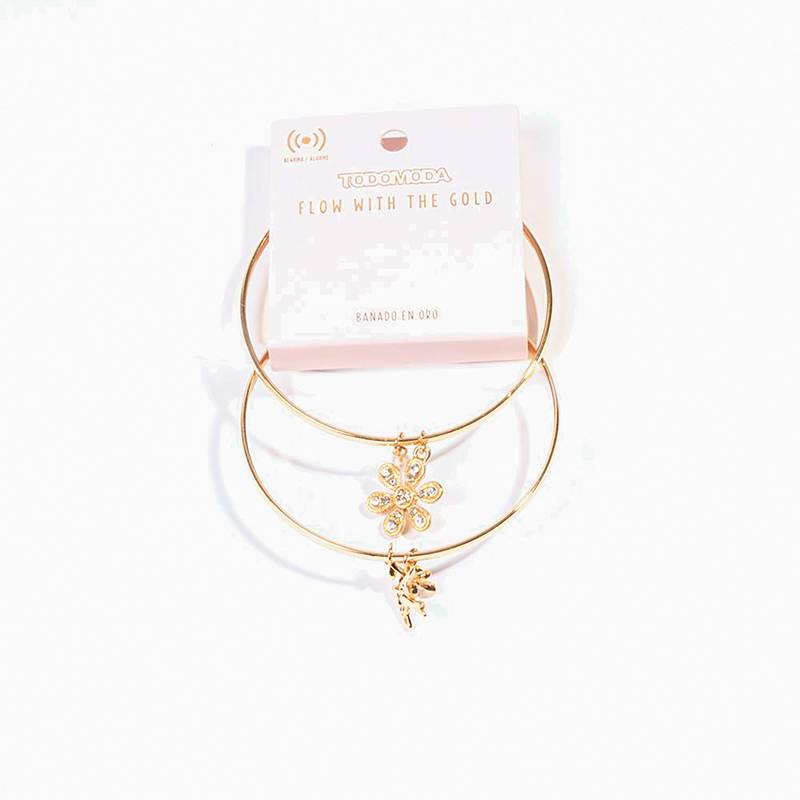 TODOMODA - Pulseras bañadas en oro  con rama, flor de strass, golondrina y perla