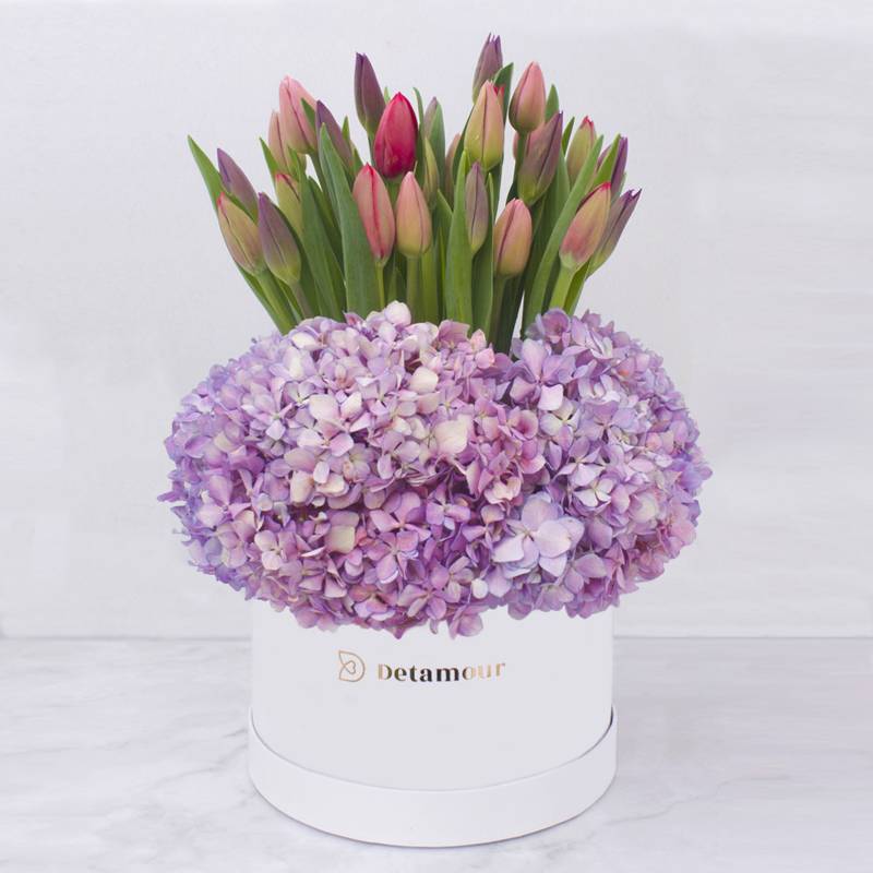 Hat Box Blanco de 30 Tulipanes con Base de Girasoles DETAMOUR |  falabella.com