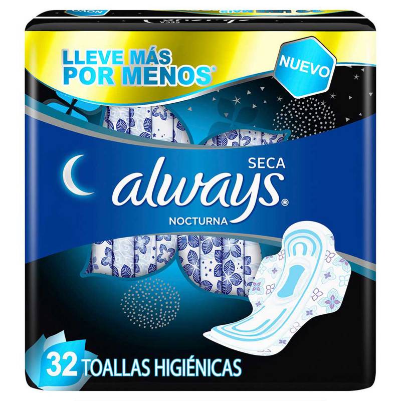 ALWAYS - Toallas Higiénicas Nocturna Seca con Alas 32 unidades