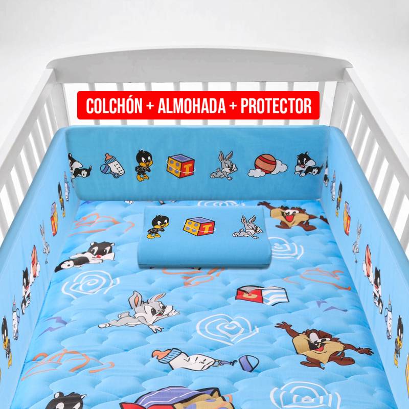 FORLI - Colchón de Cuna Looney Tunes Azul + Almohada + Protector