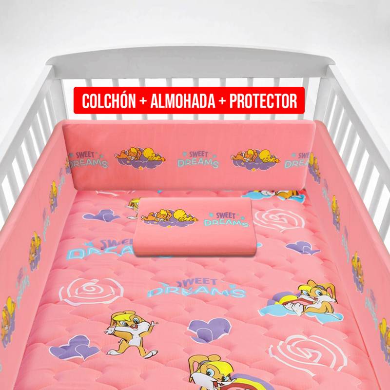 FORLI - Colchón de Cuna Looney Tunes Rosa + Almohada + Protector