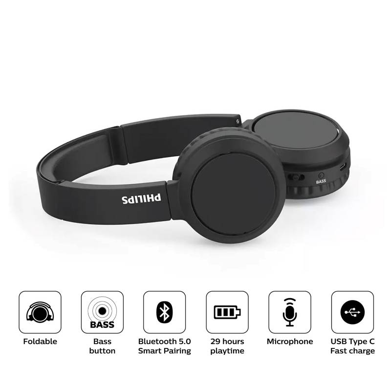 Auriculares Bluetooth PHILIPS Tah4205Bk (On Ear - Micrófono - Negro)