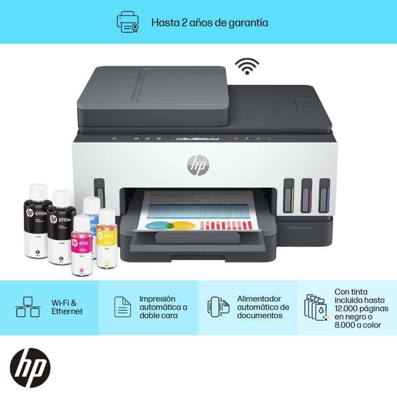 Impresora Multifuncional HP Smart Tank 750 Tinta Continua Color Wi-Fi Smart  App Dúplex ADF Alimentador Automático (6UU47A) HP