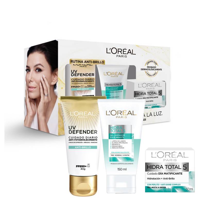 LOREAL PARIS - Set Anti-brillo gel limpiador 150ml + crema día 50 ml + UV Defender Anti-Brillo L'Oréal Paris Skin Care