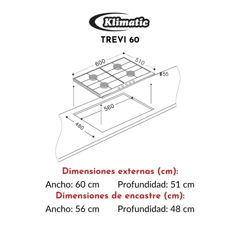 Tricombo! Cocina Empotrable a Gas 4 Hornillas Trevi 60 + Campana Extractora  CK601NE/M + Horno eléctrico HKT600-PIX Marca Klimatic – Klimatic Línea  Europea