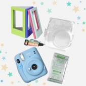 FUJI - Cámara Instax Mini 11 Celeste + Pack de película + Marco de fotos + Estuche Transparente