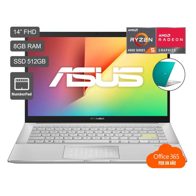 ASUS - Laptop VivoBook M433 14" Ryzen5 4500U 8GB RAM 512GB SSD + Microsoft Office 365 Gratis por 1 año (preinstalado) - Full HD